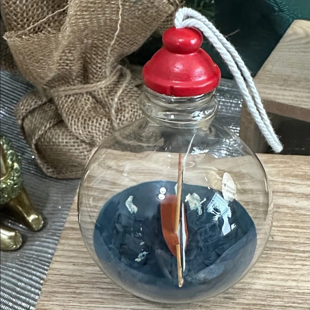 Crate & Barrel Ship-In-A-Bottle Glass Christmas Ornament Nautical